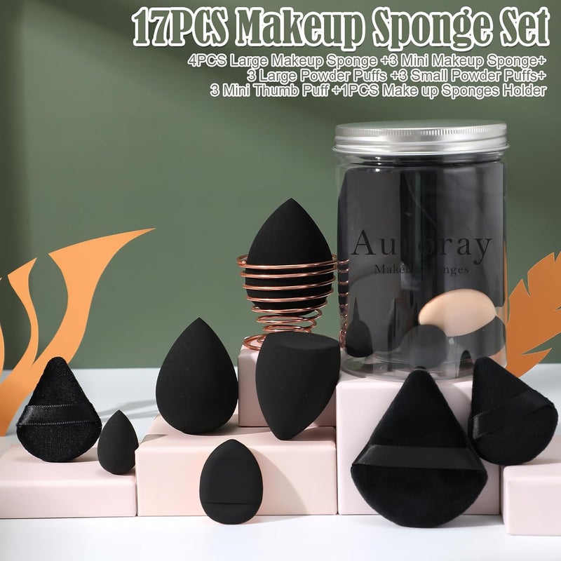 AuraRay 17PCS Makeup Sponge Set with 3PCS Mini Makeup Sponges,1PCS Make Up Sponges Holder,3PCS Foundation Mini Make Up Sponge Puff and 6PCS Powder Puff (Black) - Image 2